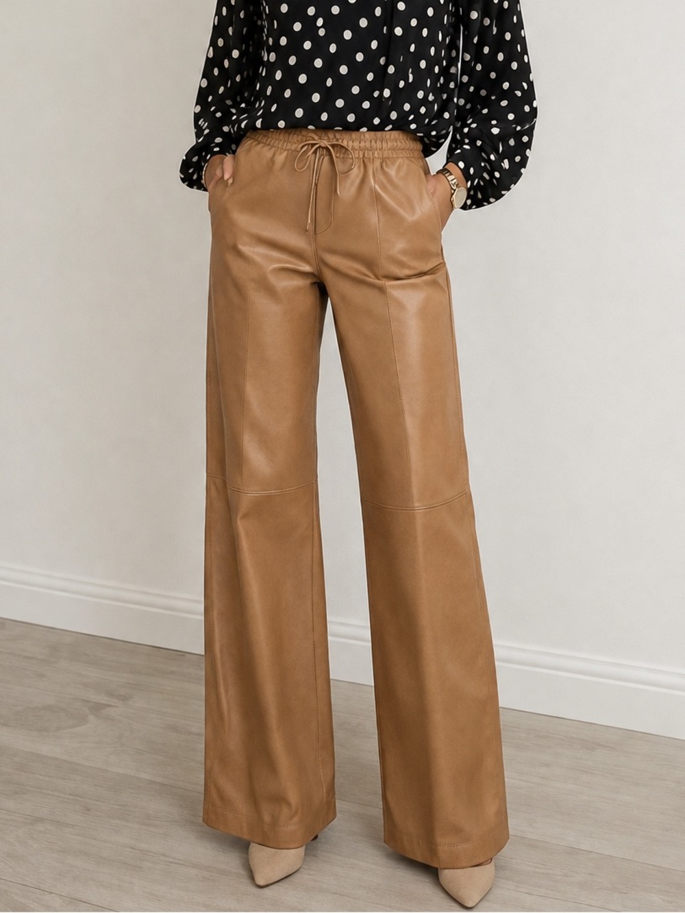 NWOT ZARA Real Leather Camel Wide-Leg Pants | Size L
